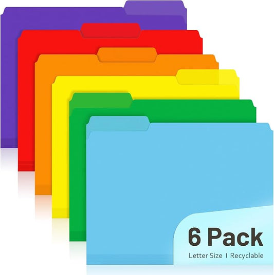 Comix Plastic Colored File Folders, Letter Size 8.5x11, 6 Pack | 6 Assorted Colors,1/3-Cut Tabs, Poly Folders, For Documents, Office, Home, School Organization