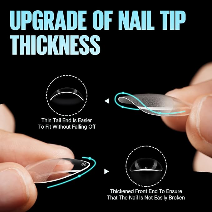 TOMICCA Medium Almond Nail Tips, 504Pcs Soft Acrylic Pre Etched Clear Fake Nails Tips Almond Shape Half Matte, Full Cover Nail Extension for Beginner and Professional 12 Sizes