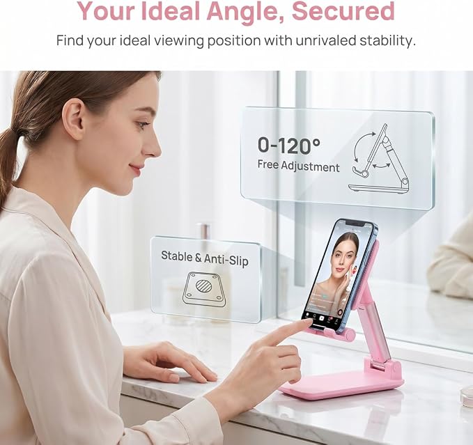 Phone Stand for Desk, Cell Phone Holder Cute Smart Cellphone Stand Foldable Stands Compatible with Under 8" Devices, Office Accessories, Sakura Pink