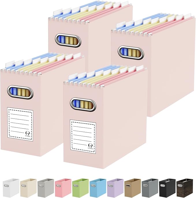 Portable Collapsible Cardboard File Box with Handle for Letter-Size | 4-Pack. Stainless Steel Handle. Label Stickers Included. Fits Letter Folders (Not Included). Home, Office, School, Dorm, Tax.