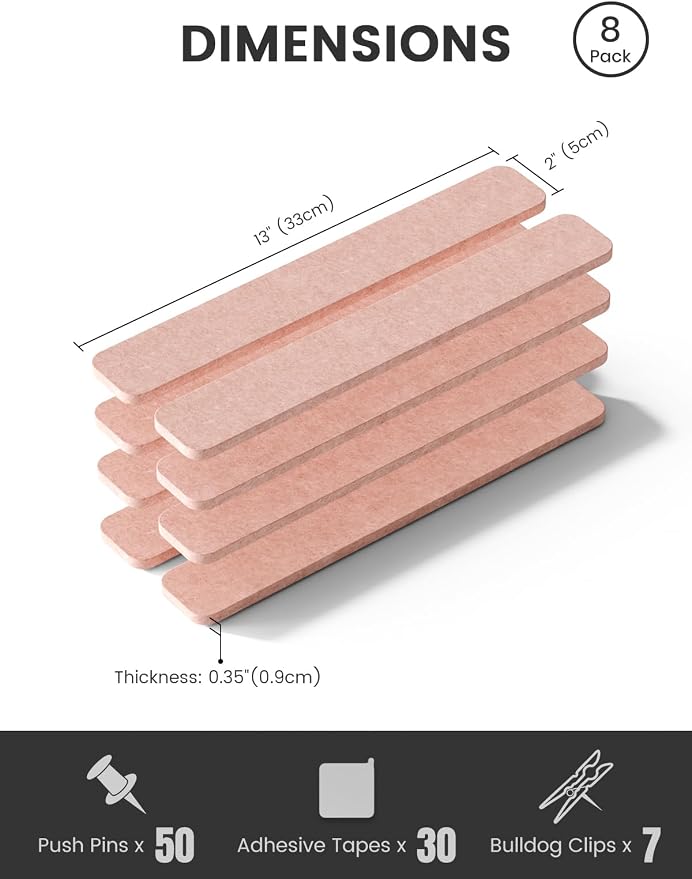 Fluxynara 13" x 2" Felt Wall Panels, Pink | 8-Pack Includes 50 Push Pins and Adhesive Tabs for Photos, Notes and Decor in Bedroom Doors, Home Office or Studios