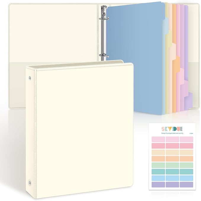 SKYDUE 1 Inch 3 Ring Binder with 8 Tab Dividers & 24 Labels, Pastel Binder Organizer for Letter Size Paper, Aesthetic School Binder for Notes, Documents, Office & Home Organization, Pearl White
