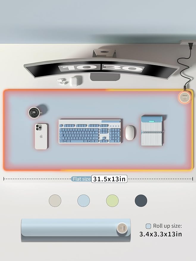 Heated Desk Pad 31.5×13 Inch - 3-Speed Touch Control Large Heated Mouse Mat with 3-Hour Auto Shut-Off, Non-Slip Silicone Eye Protection Warm Desk Mat for Office and Home (Blue)