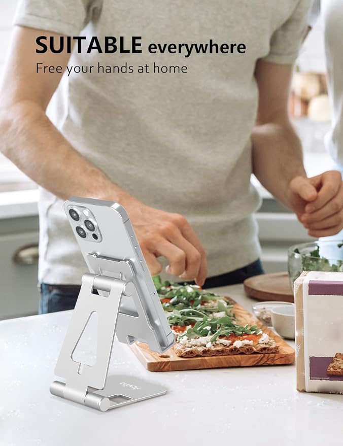 Aoviho Foldable Cell Phone Stand for Desk, Holder for iPhone,Silver | Folds Flat for Easy Storage, Hands-Free Viewing, Fits iPhone 17/16/15 Series & Samsung Galaxy, Ideal for Office & Home