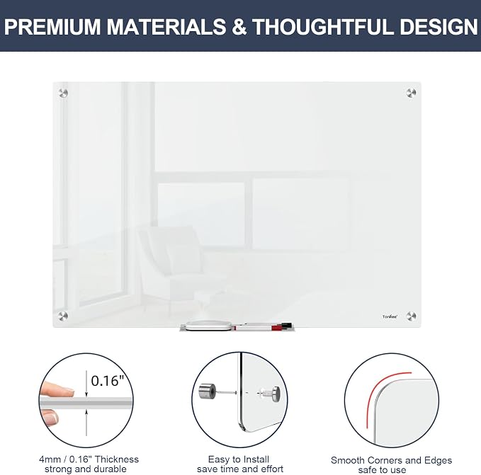 Glass Whiteboard 36x24 Magnetic White Board Dry Erase Board for Wall | Magnetic Surface, Dry Erase, Large Frameless Glass Whiteboard, Ideal for Office Home School Classroom Kitchen