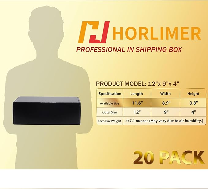 HORLIMER 12x9x4 inches Shipping Boxes Set of 20, Black Medium Corrugated Cardboard Gift Mailer Box