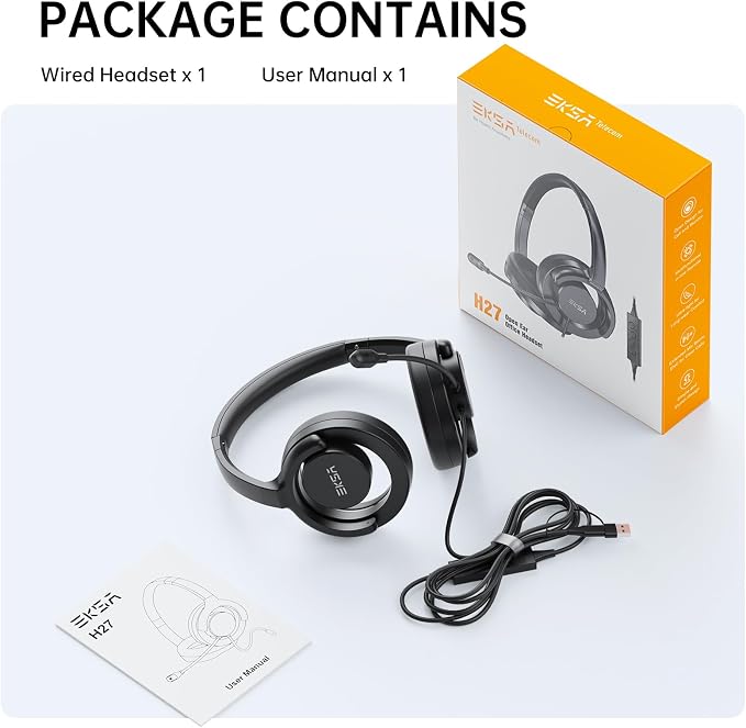 EKSA H27 USB Computer Headset with Microphone for Work, PC Headset with Noise Cancelling Mic, Wired Over-Ear Headphones with in-Line Controls, USB Headset for PC/Computer/Laptop/Call Center/Office