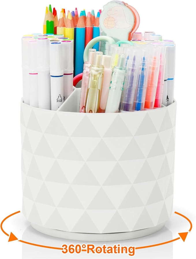 Cute Pencil Holders For Desk,360-Degree Rotating Pen Holders For Home Office,Diamond-like Pen Organizer With 5 Compartments,Stylish Desk Accessories For Office,School ,Home ,Art Supply (White)