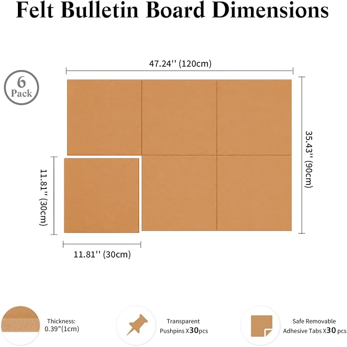 36" x 24" Decorative Bulletin Boards, Large Cork Board Alternative | 30 Pushpins30 Adhesive Tabs, Solid-Tile 6-Pack Felt Wall Tiles,Cork Boards for Office Push Pin Board Felt Board,Creamy Coffee | 30 Pushpins30 Adhesive Tabs, Solid-Tile 6-Pack Felt Wal...