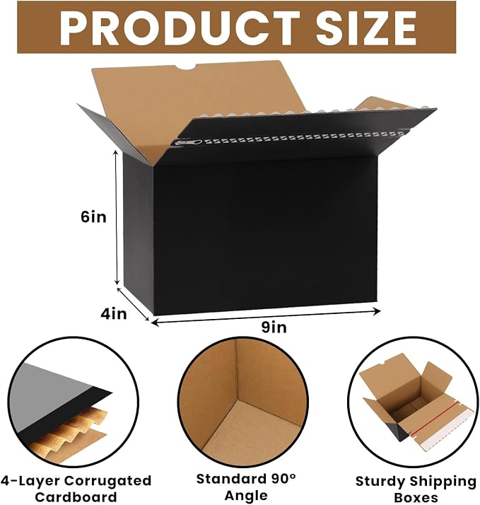 Black Small Shipping Boxes 9x4x6 Inches, 30 Pack Self-Adhesive Corrugated Cardboard Box with Zipper Tear Strip, Mailing Boxes for Packaging Small Business