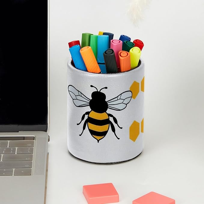 Leather Pen Holder for Desk, Cartoon Bee Pencil Cup Pen Organizer Makeup Brush Holder for Office Home Kids Countertop Desk Accessory Storage