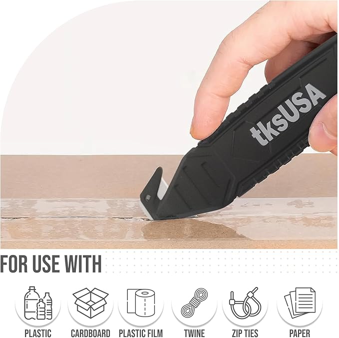 Safety Box Cutter. tksUSA here, your Cutter Stainless, Steel Package Opener. Pack Safety Knife Package Box Opener with Ergonomic Film Cutting Blade for Box, Carton, Shrink Wrap, Plastic Straps