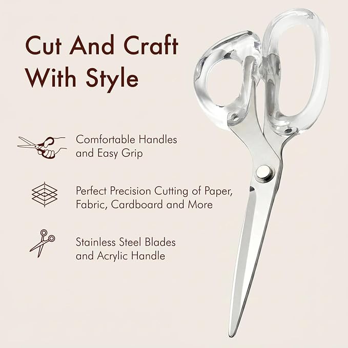 9” Stainless Steel Acrylic Scissors, Silver | Aesthetic and sharp all purpose scissors, Perfect for sewing, arts, and crafts, Stationery tools for office, and school