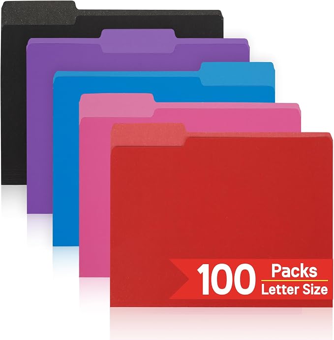 VZCPYTPM 100 Packs Colored File Folders,1/3-Cut Tabs,Letter Size File Folder,Manilla folders to Organize 8.5x11 documents,Ideal for Office,School and Home,Organizer Folder(Black,Blue,Red,Pink,Purple)