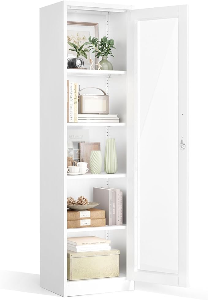 VINGLI Lockable Display Cabinet with Glass Door & 4 Adjustable Shelves, 65" Tall Metal Storage Cabinet Curio Liquor, Bookshelf Bookcase for Home Office Living Room Pantry Garage (White)