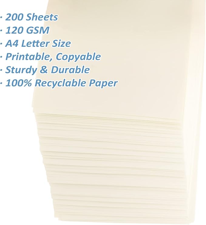 200 Sheets Ivory Printer Paper 8.5x11, 32 lb/120 gsm Stationery Paper, Cream Cardstock Paper Sheets for Printing, Copy, Crafts, Letters, Invitations, Laser & Inkjet Printer Compatible