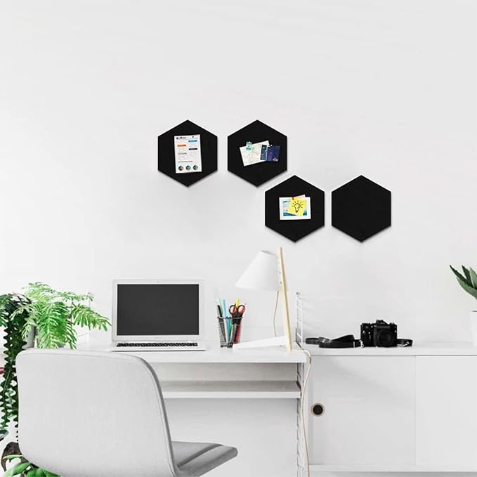 4 Pack Hexagon Felt Bulletin Board Tiles - 12" Large Thick Pin Board for Walls with 30 Push Pins, DIY Boards for Office Home School Decor, Aesthetic Hex Cork Board Alternative