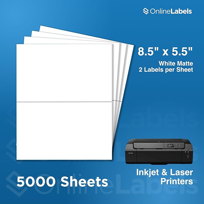 OnlineLabels 8.5 x 5.5 Half-Sheet Shipping Labels - Permanent, White Matte - for FBA, FedEx, UPS - Pack of 10,000 Labels, 5,000 Sheets - Inkjet/Laser Printers