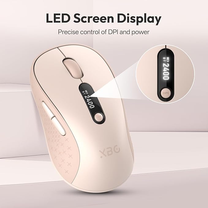 XBG B15pro Wireless Bluetooth Mouse, Bluetooth 5.0/4.0 & 2.4G Tri-Mode, Type-C Rechargeable with LED Screen Display, Ergonomic Silent Click for Laptop/PC/Tablet, Multi-Device & Office Use-Pink