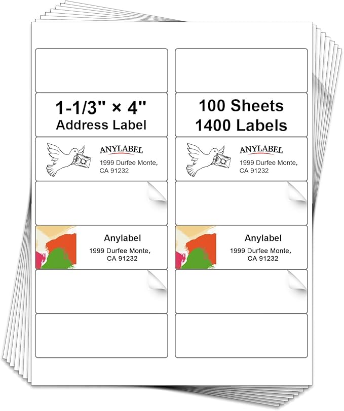 14 Per Page Mailing Labels 1-1/3" x 4" Shipping Address Sticker Paper for Laser & Inkjet Printer, 4” x 1.33" 14 up Label (100 Sheets, 1400 Labels)