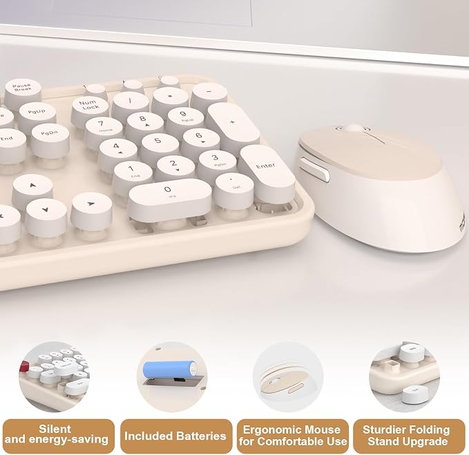 Wireless Keyboard Mouse, 104 Keys Cute Colorful Typewriter Creamy White | With OTG & Long Clean Bruch,Compatible With All windows and Type C Computer,1600DPI,Ideal For PC, Home, Office and College