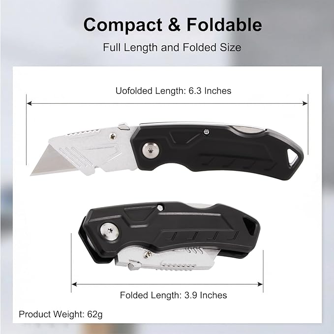 (2-Pack) Box Cutter with 10 Extra Blades, Heavy Duty Folding Utility Knife for Cardboard, Carton, Carpet Cutting, Anti-slip ABS Handle, Quick Replace Blade