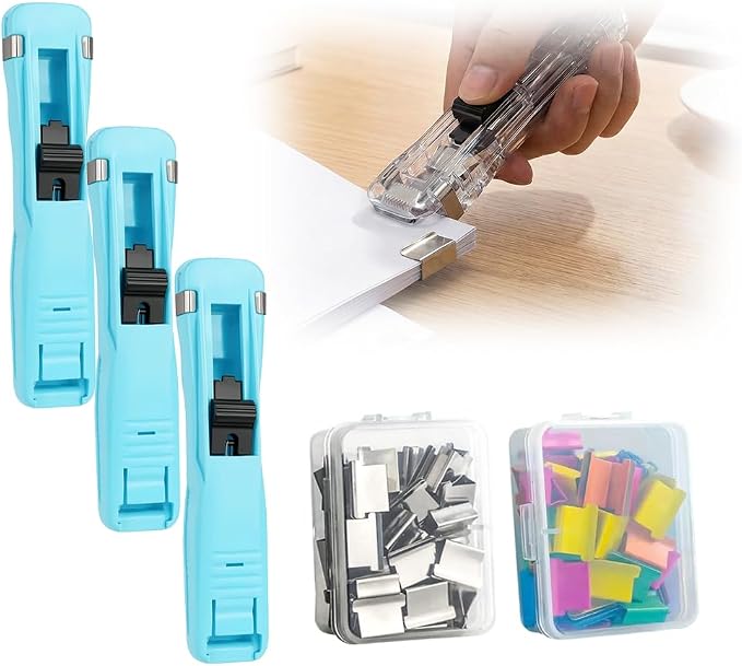 Portable Binder Clip Stapler, 2026 New Portable Office Tool, Durable Desk Organizer for Study Room, 100 Metal Refill Clips (50 Silver + 50 Color) for Home (3, Light Blue)