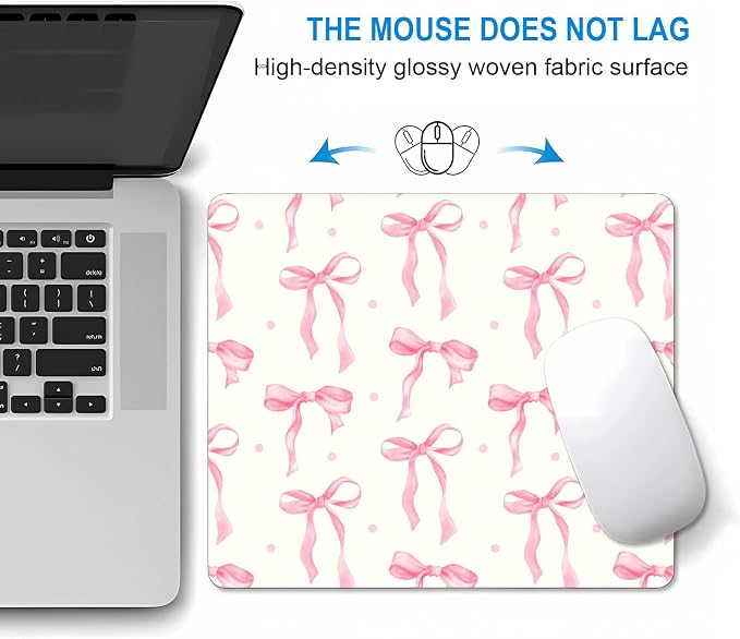 Square Pink Bows Mouse Pad Small, Cute Light Yellow Computer Mouse Pads, Non-Slip Rubber Base Mousepad Washable Cloth, Mouse Mat Decor Gifts, Coworker Gift for for Girls Women, 9.5x7.9 inch