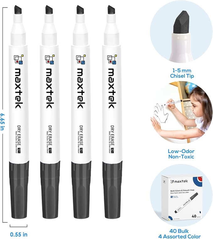 maxtek Low Odor Dry Erase Markers Chisel Tip, Black, 40 Bulk | Whiteboard Markers, For Classroom, Teachers, Office, School Supplies