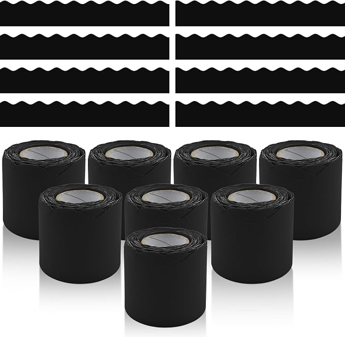 8 Rolls 262.4 Ft Bulletin Board Borders - Black Scalloped Borders Bulletin for Classroom, School & Office Decor - Black Bulletin Board Trim Paper