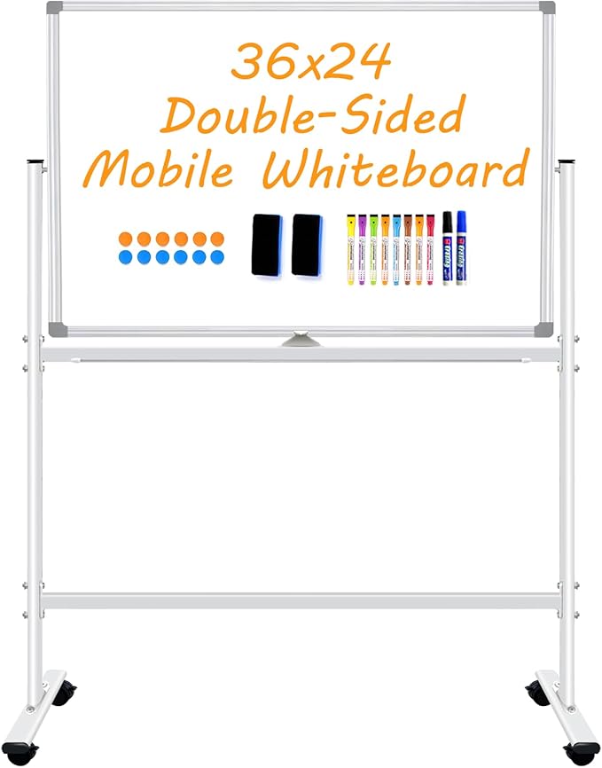 Double-Sided Dry Erase Board with Stand 36"x24", Magnetic Mobile White Board Rolling Whiteboard on Wheels Drawing whiteboard with Stand for Kids & Adults, 2 Eraser, 10 Markers, 12 Magnets