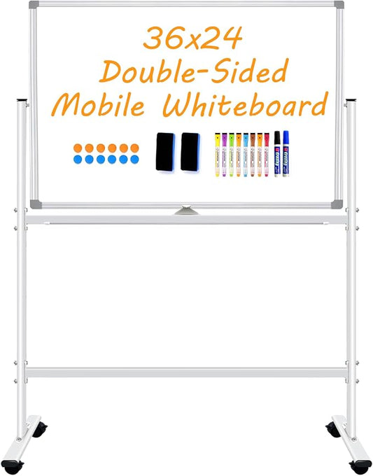 Double-Sided Dry Erase Board with Stand 36"x24", Magnetic Mobile White Board Rolling Whiteboard on Wheels Drawing whiteboard with Stand for Kids & Adults, 2 Eraser, 10 Markers, 12 Magnets