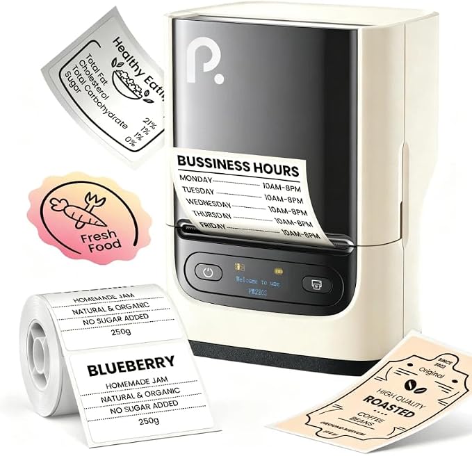 POLONO PM220S Label Maker Machine with Tape, Bluetooth Label Maker, Pearl | Easy to use, Premium Prints, Inkless, Powerful Connectivity Label Printer with Smart APP for School, Office, Home, Business
