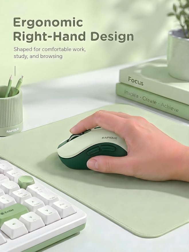 RAPIQUE Bluetooth Wireless Mouse, Dual Bluetooth & 2.4GHz, Avocado Green | Quiet Clicks, Right-Hand Ergonomic 6 Button, Adjustable DPI, 3-Device Switching, USB Receiver for Laptop, PC, Mac, Tablet
