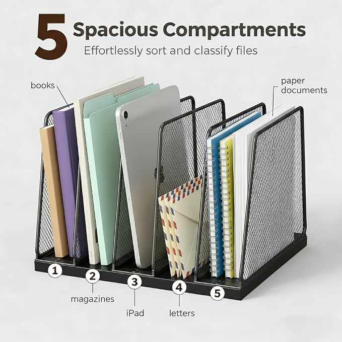 5-Section Vertical File Organizer for Desk, Sturdy Wood Base & Metal Mesh Desktop File Holder, Upright Paper Folder Sorter for Office Supplies（Black）