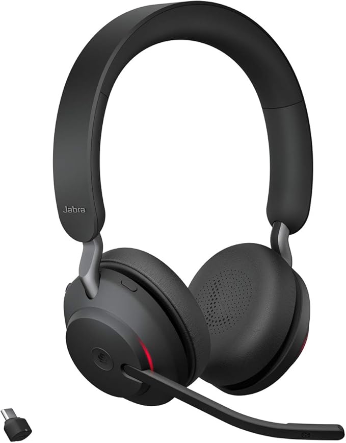 Jabra Evolve2 65 MS Wireless Headphones with Link380c, Stereo, Black – Wireless Bluetooth Headset for Calls and Music, 37 Hours of Battery Life, Passive Noise Cancelling Headphones