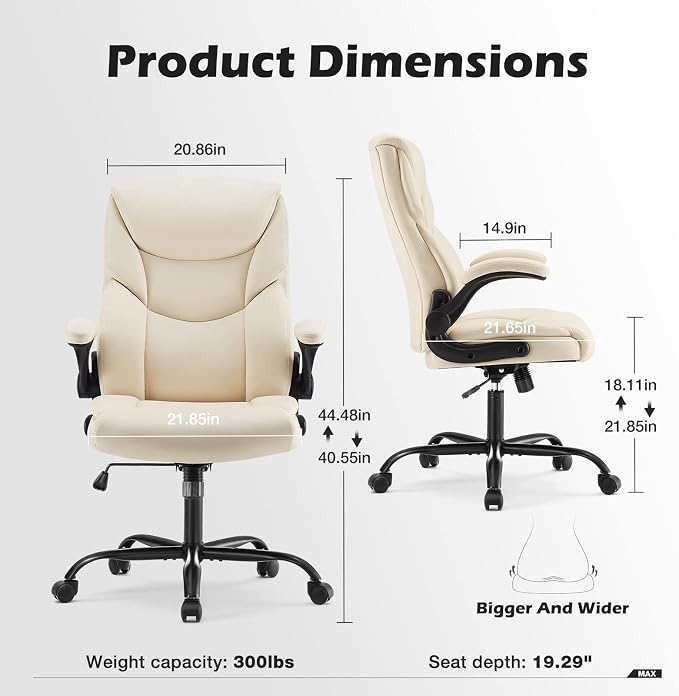 DUMOS Leather Office Chair, Computer Desk Chair, Lumbar Support | Adjustable Flip-Up Armrest, Swivel Rolling Wheels, Strong Metal Base, Cream White