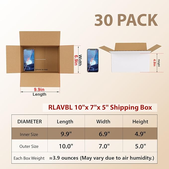 RLAVBL 10x7x5 Shipping Boxes Set of 30, White Corrugated Cardboard Box for Packing, Mailing, Business