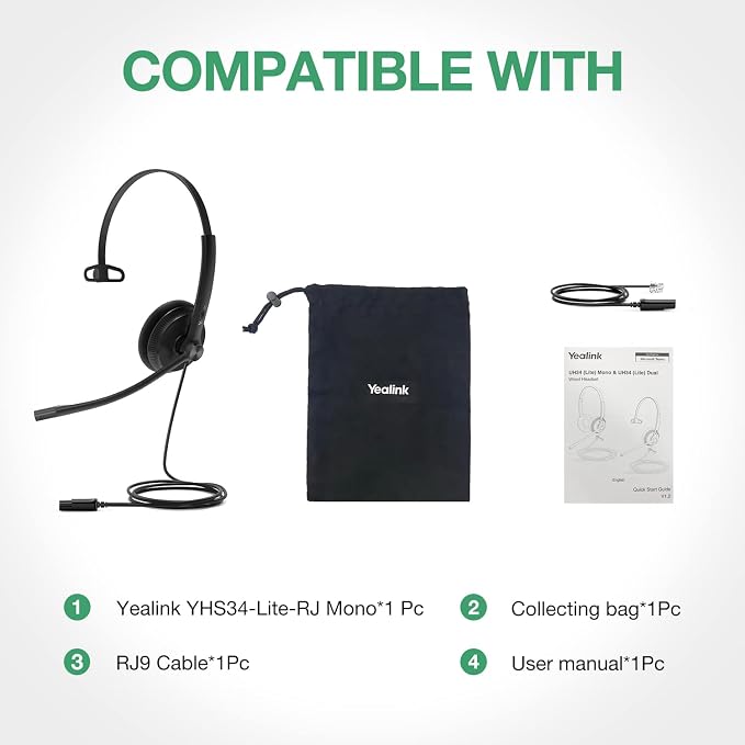 Yealink Phone Headsets for Office Phones YHS34 Lite QD to RJ9 Wired Headset Compatible with Poly Snom Grandstream Phones Desk Landline Headset with Microphone -Mono/68g/2.1m Cable (Pack of 2)