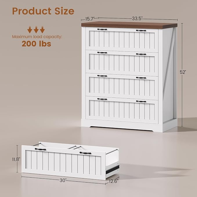 SEDETA Farmhouse 4 Drawer File Cabinet, Filing Cabinet for Home Office, Wood Office File Cabinets for Letter/Legal/A4 Size, File Cabinet Organizer for Study Room & Living Room, White and Brown