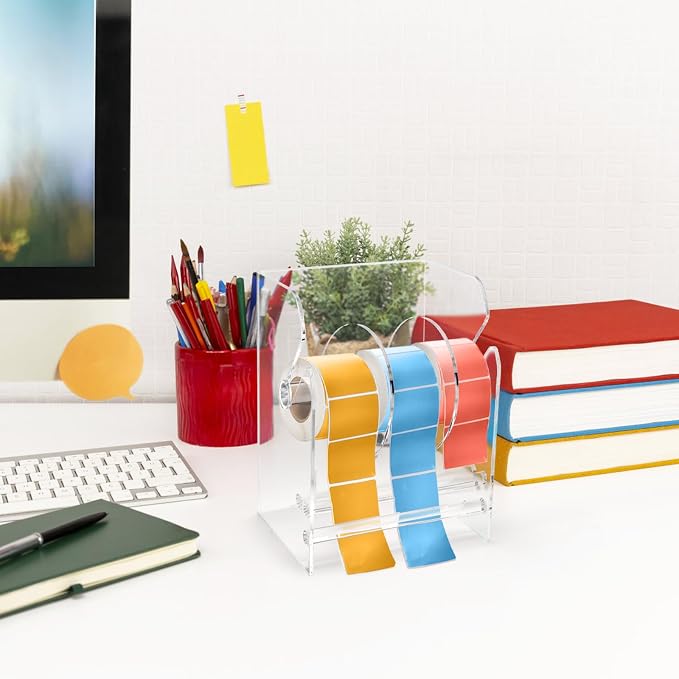 Lawei Adjustable Label Dispenser, 3 Disks Acrylic Label Dispenser Sticker Roll Holder, Transparent Tape Label Holder Rolls Organizer, Individual Sticker Stand Label Holders for Office Home Desktop