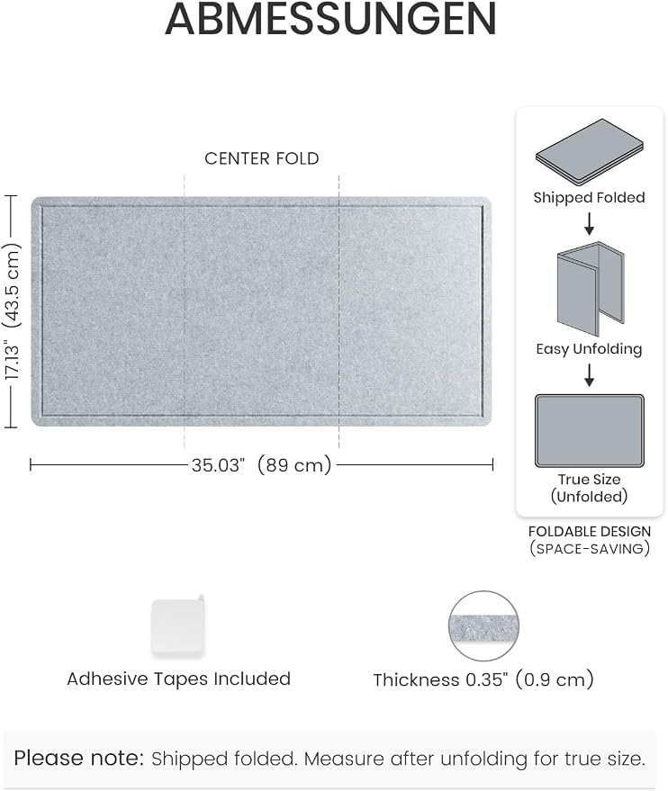 Fluxynara 35" x 17.1" Bulletin Board, Blue Gray | Cork Board Alternative with 12 Removable Adhesive Tabs, Foldable Felt Pin Board for Home, Office, Classroom & Dorm
