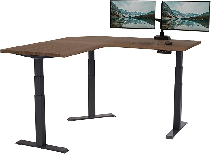 Vari ComfortEdge 60x60 L-Shape Electric Standing Desk – Height Adjustable Sit-Stand VariDesk for Corner Office with Reversible Left/Right Design - Walnut Top/Black Legs (Ships in 3 Boxes)