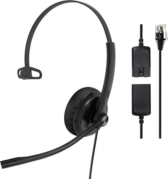 Yealink Phone Headsets for Office Phones YHS34 QD to RJ9 Wired Headset | Leather ear pads,Compatible with Poly Snom Grandstream Phones Desk Landline Headset with Microphone -Mono/72g/2.1m Cable
