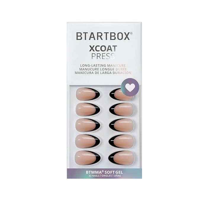 BTArtbox Press On Nails Short - Black French, Almond Press On Nails with Glue and Adhesive Tabs for Women in 16 Sizes - 32 Soft Gel Glue On Nails Kit