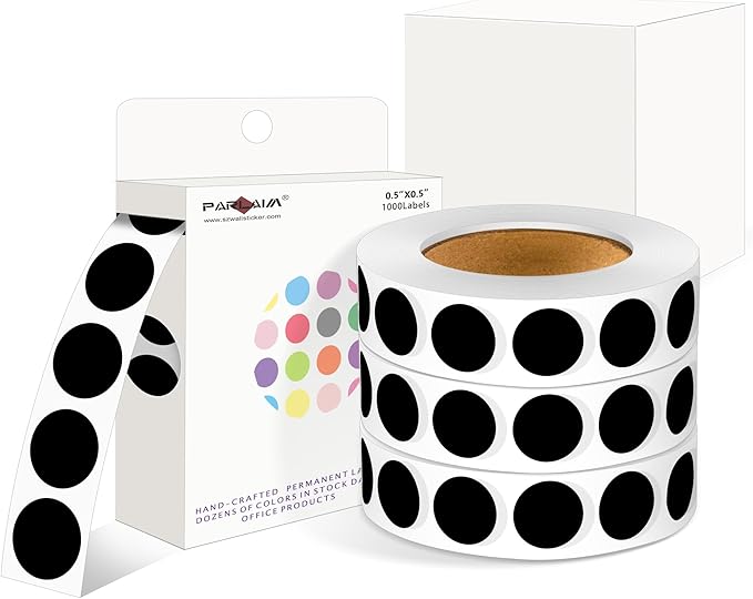 PARLAIM 4000 Pack Black Dot Stickers, 1/2 inch Round Circle Label 4 Rolls Permanent Adhesive Color-Code Sticker Labels in Dispenser Box