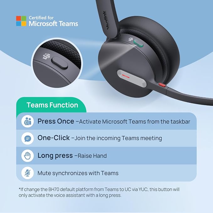 Yealink BH70 Mono Bluetooth Teams Headset with AI Mic for Work from Home PC | 3 Microphone Sound Isolation, Microsoft Teams & Zoom Certified, Compatible with Cisco Zoom Google, 35h Talk, USB-A dongle