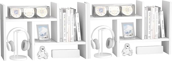Jerry & Maggie Desktop Organizer Office Storage Rack Adjustable Wood Display Shelf Free Style Double H, Multi-Functional Mini Bookshelf for Desk Natural Stand (White/2 Pack)