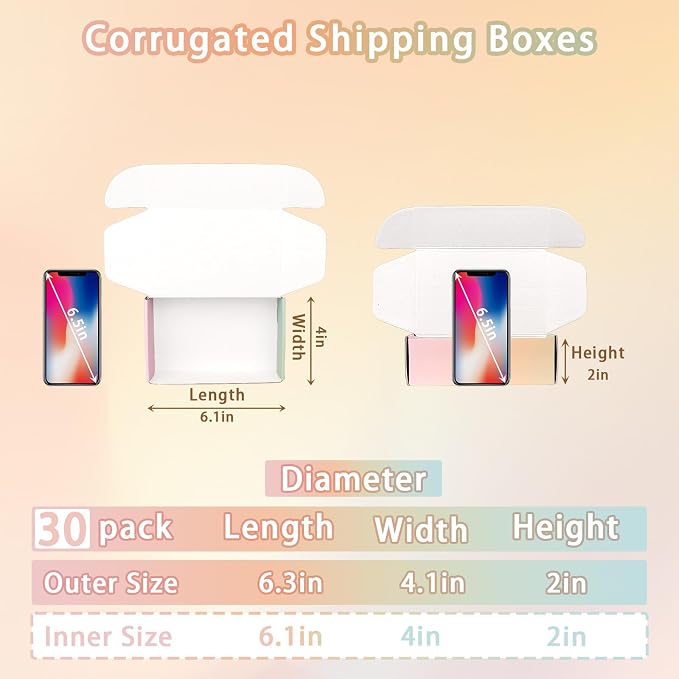 30 Pack 6x4x2 In Color Shipping Boxes | Corrugated Cardboard Box for Shipping, Mailing, Packing, Packaging and Storage