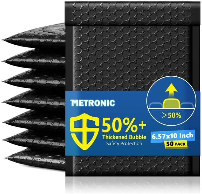 Metronic Bubble Mailers 6.57x10" 50 Pack Padded Envelopes with 1/7" Thickened Bubble Waterproof Mailing Envelopes Usable Size 6.57x9" Shipping Bag for Fragile Products, 6x9 Items,Small Business, Black